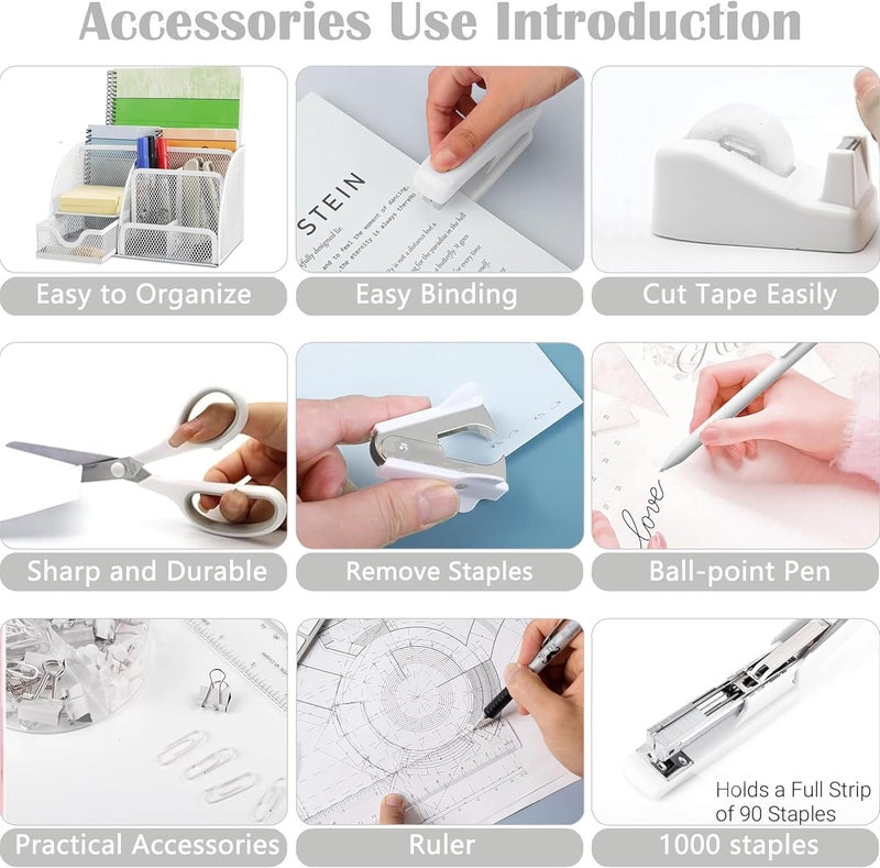 Scindaly White Office Desk Accessories Supplies, 12pcs Desk Organizers and Accessories with Tape dispenser and Stapler,Staples,Staple Remover,Pen Holder,Scissor,Ruler,Sticky Tabs,Tape,Ballpoint Pen,Clips Set - Image 4